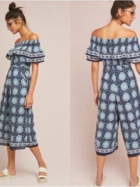 Anthropologie Kopal Suzani Off-the-Shoulder Cropped Wide Leg Romper | Small